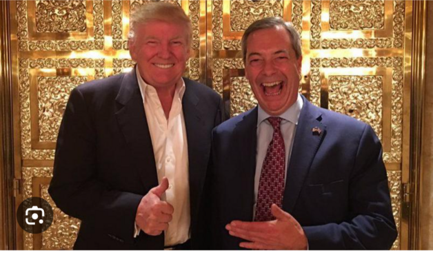 Donald Trump and Nigel Farage, probably standing before gold doors of Trump Tower elevator