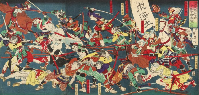 an illustration of samurai warriors wearing colorful armor, some holding large banner flags, the background dark emerald green, the soldiers are hacking and slashing at each other  with swords and spears
