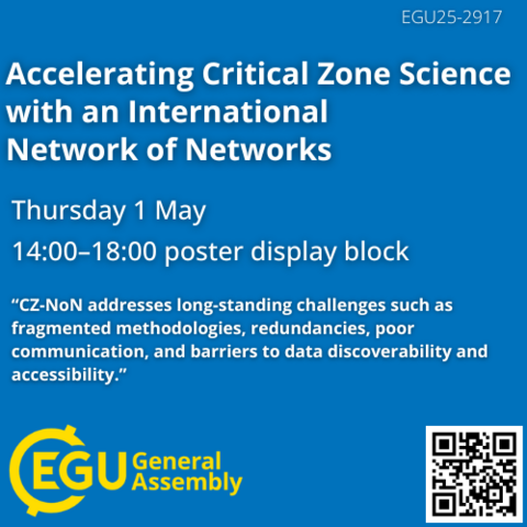 An advertisement for a poster presentation at the upcoming EGU conference, white letters on a blue background with the yellow EGU logo in the lower left corner.