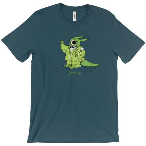 teal shirt with locus alien on it