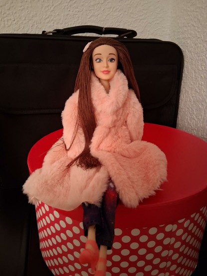 La muñeca de cuerpo completo. Con su abrigo de pelito rosa y largo y unos tacones rosas con unos pantalones con estampado de galaxia a juego. Está sentada sobre una caja