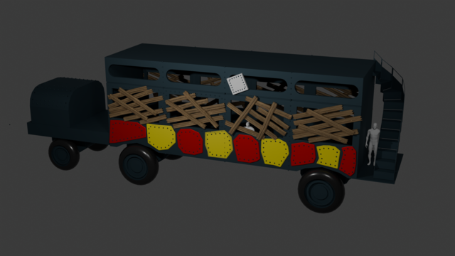 An ork Battle Bus, part-built in Blender.
Steel body, with Red and Yellow armour plates, and light wooden planks across windows.
An external Stair goes to the roof at the rear.
A single white panel, top middle, is awaiting more modelling.
Two Human Base Mesh models are shown for scale