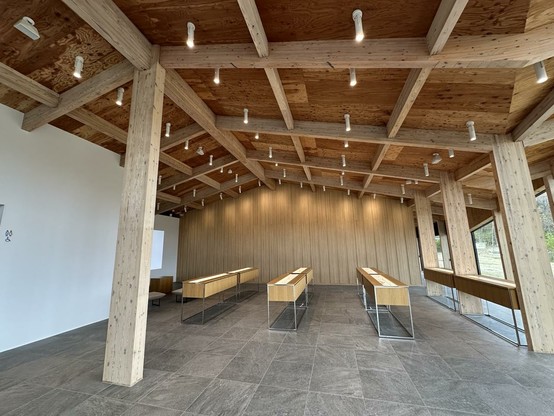 Inside the lobby hall with exhibition showcase.