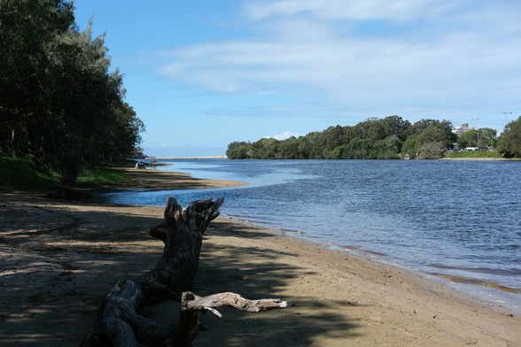 Photo of a wide creek looking towards a sandy mound in the distance. In the foreground is an old log.