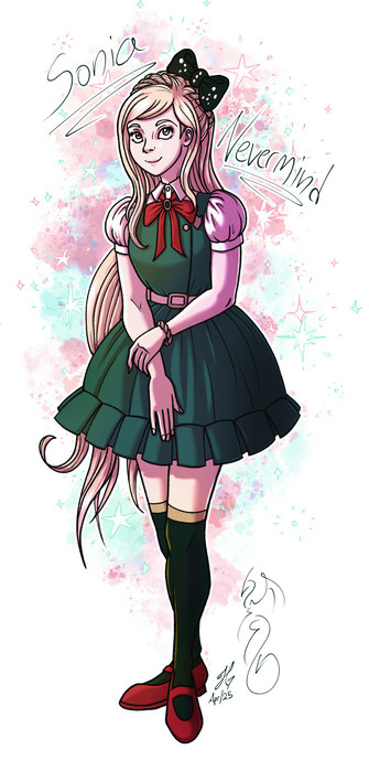 A digital drawing of a pale-skinned teenage girl wearing a dark green school uniform dress with a red neck bow tie, red dress shoes, black thigh-high stockings, and a rhinestoned black bow in her long blonde hair.