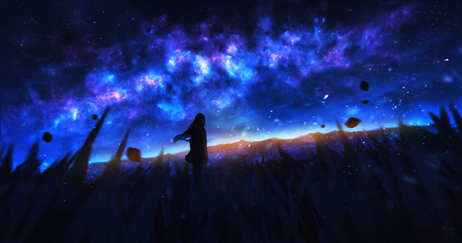 A digital painting of my unfinished a starry night landscape with a girl-character standing in a field of dark grass, looking at the horizon and sky, milky way