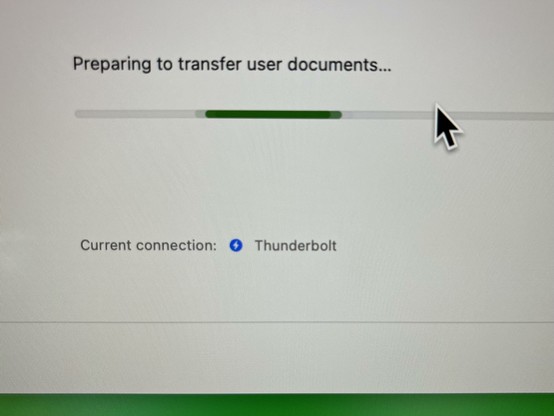 Mac Migration Assistant screen with oscillating progress heartbeat

Text shows:
Preparing to transfer user documents...
Current connection:
Thunderbolt

Green color underneath from a Green iMac