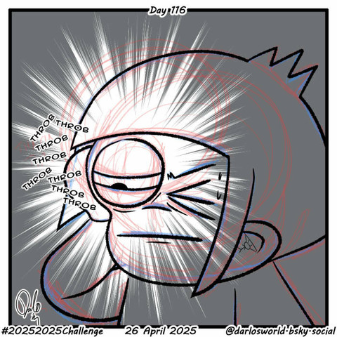 Drawing of Darlo with a throbbing headache. His right eye is swollen.