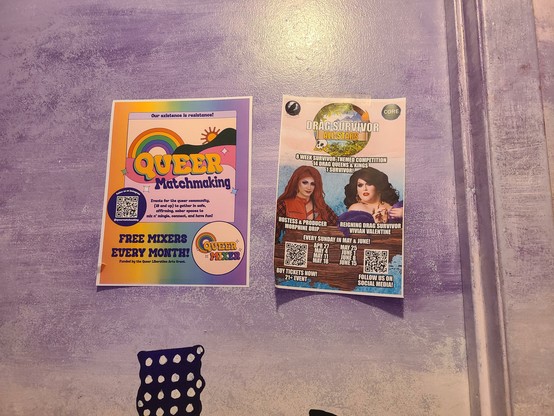 Two posters advertising queer events, including queer matchmaking mixers and a drag survivor competition, affixed to a purple door.