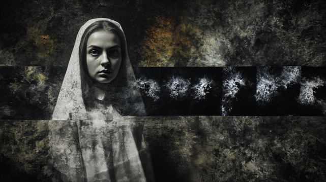 Le Silence de Soroka.
Portrait mystique d'une femme voilée, émergeant d'un brouillard sombre aux éclats abstraits.
Mystical portrait of a veiled woman emerging from a dark mist with abstract bursts.