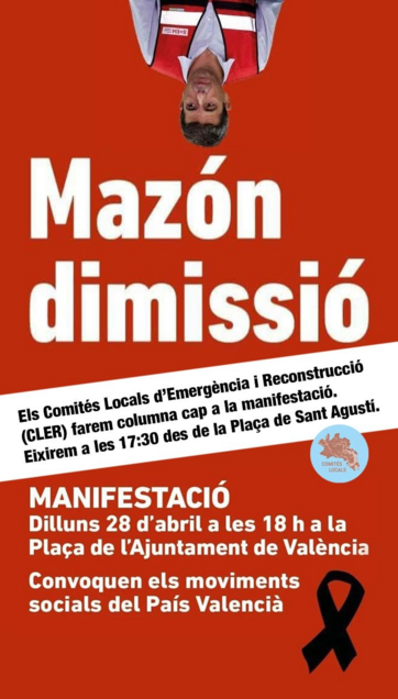 Cartel rojo de convocatoria de mani con título "Mazón dimissió" y una imagen del hombre del revés, a lo Borbón.