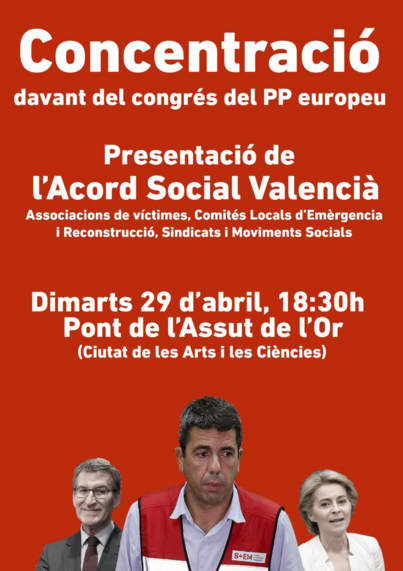 Cartel de convocatoria de concentración frente al congreso del PP europeo, que se suma a la presentación del Acord Social Valencià.