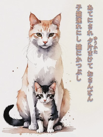 «Generated by #MagicEraser/SDXL, Edit in CapCut »
Alt-TXT: A watercolor painting of a mother cat and her kitten. The two cats are looking straight ahead, with the brown mother cat with green eyes sitting behind the black and white kitten.

On the right side of the image is a tanka poem written in Japanese that reads, ”Relied upon, /Evening descends, /In the kitchen I stand— /From nowhere, a cat appears, /With a kitten to steal the fish.”