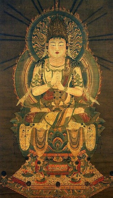 a painting of a seated buddha figure, his hands together at his chest, looing at the viewer, wheels with pattens on them behind him, sitting on a throne, rays of black emanating behind him , against a dark gold background
