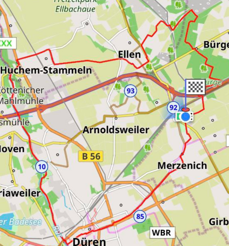The picture shows a map with a route marked in red that leads through various places. The route starts near Merzenich and leads through Düren, Huchem-Stammeln and ends back in Merzenich.