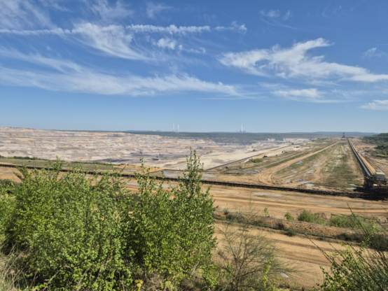 The picture shows the Hambach open-cast mine, an extensive mining site under a clear, blue sky with a few white clouds. Green bushes and shrubs can be seen in the foreground, forming a contrast to the dry, eroded landscape. A huge, open pit stretches out in the middle ground. The open-cast mine is criss-crossed by a long, wide conveyor belt that stretches from right to left. Wind turbines and coal-fired power stations are visible in the background