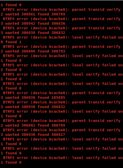 Screenshot from journalctl, severals errors with transid mismatches of a btrfs filesystem.