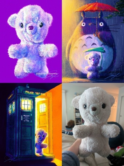 Four images compiled together. The top left is a painting of a stuffed pink teddy bear. The top right is a painting of the stuffed teddy bear standing with Totoro in the rain. The bottom left is a painting of the stuffed bear stepping out of the TARDIS. The bottom right is a photo of the bear.