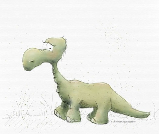 Zeichnung eines grünes Dinos im Comic-Stil, welcher etwas verzagt drein blickt.