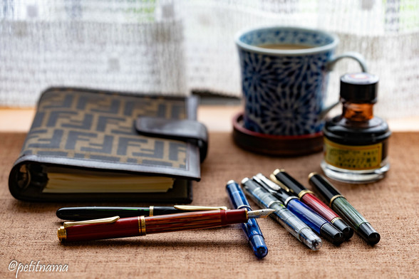 Bible size organizer, coffee, ink and Pelikan fountain pens