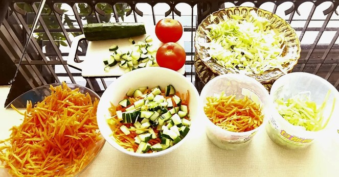 Shredded Lettuce, grated carots, diced cucumbers being sorted into a bowl and containers with tomatoes to be diced and a quartered orange to be added later. Dinner prep for the next few days.
