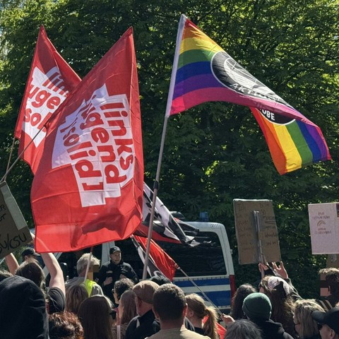 Mehrere Fahnen sind zu sehen. Zwei von der Linksjugend Solid und eine Pride Antifa Fahne
