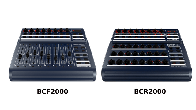 The Behringer BCF2000 and the Behringer BCR2000 on a white background.
