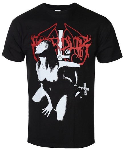 a black t-shirt. On it is the logo of the band Marduk, an inverted cross and a half-naked woman who is inserting a cross into her vagina