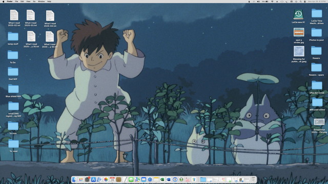 Computer desktop wallpaper: a still from My Neighbor Totoro. At night, two small spirits, one holding a leaf as an umbrella, and an excited child stand next to a garden where plants are beginning to grow.  There are a few folders and files on both sides of the screen, but they don't obstruct the wallpaper image.