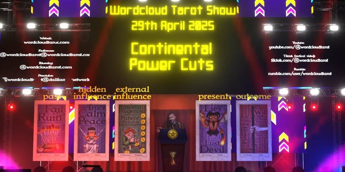 A man on a CGI stage surrounded by giant tarot cards