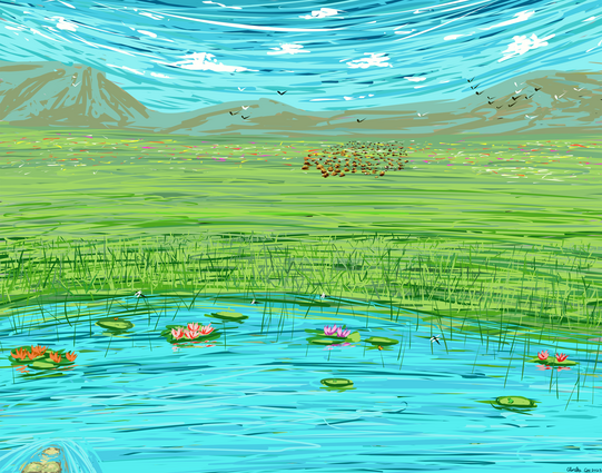 A stylistic landscape painting was a hardedge brush and lots of brush strokes. The scene is a grassland with wildflowers littering the grassy areas. A head of bison graze out in the distance before a mountain range covers the horizon. The sky is littered with sparse clouds and in the foreground is the edge of a small lake. Lilly pads and their flowers litter the water's edge along with some dragon flies flying around. A couple of butterflies chilling on the grass sprouting from the water along with two frogs sitting on some lily pads. A gator can be seen cruising on the waters surface coming from the foreground towards the lily pads.
