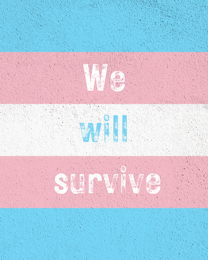 graphic showing the stripes of a trans flag with speckles as if it's been painted onto a wall. Writing on the graphic says: we will survive
