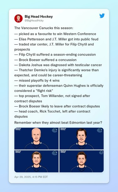 The Vancouver Canucks this season:

— picked as a favourite to win Western Conference
— Elias Pettersson and J.T. Miller got into public feud
— traded star center, J.T. Miller for Filip Chytil and prospects
— Filip Chytil suffered a season-ending concussion
— Brock Boeser suffered a concussion
— Dakota Joshua was diagnosed with testicular cancer
— Thatcher Demko's injury is significantly worse than expected, and could be career-threatening
— missed playoffs by 4 wins
— their superstar defenseman Quinn Hughes is officially considered a "flight risk"
— top prospect, Tom Willander, not signed after contract disputes
— Brock Boeser likely to leave after contract disputes
— head coach, Rick Tocchet, left after contract disputes

Remember when they almost beat Edmonton last year?