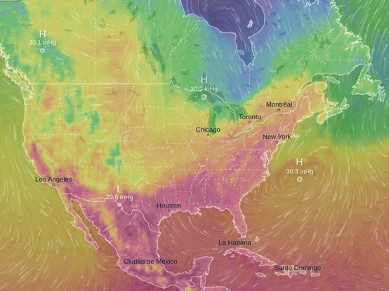 A screenshot of a Ventusky weather map showing part of North America and generally warm temperatures except for parts of Quebec and Ontario Canada that is below freezing.