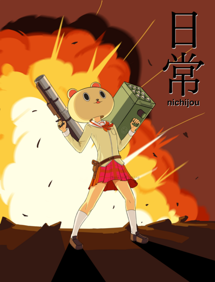 Misato wearing a bear costume dual wielding rocket launcher explosion in the background
