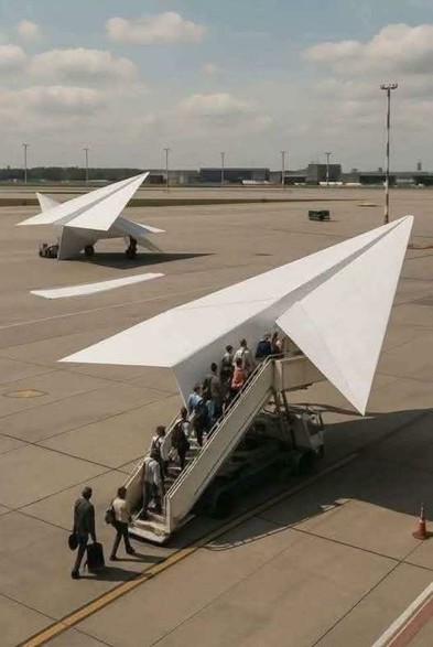 An airport tarmac in bright sunlight with people going up airplane steps into the rear of what appears to be a giant paper airplane.