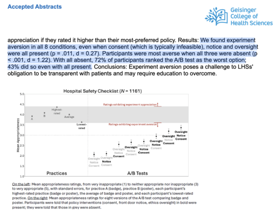 Vogt, R. L., Heck, P. R., Mestechkin, R. M., Heydari, P., Chabris, C. F., & Meyer, M. N. (2024). Aversion to pragmatic randomised controlled trials: Three survey experiments with clinicians and laypeople in the USA. BMJ Open, 14(9), e084699. https://doi.org/10.1136/bmjopen-2024-084699