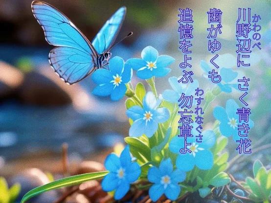 «Generated by LeonardoDiffusion Edit in CapCut »
Alt-TXT: The photo shows a blue butterfly resting on a cluster of forget-me-not flowers, with warm natural light bathed in a soft blur of greenery and a stream in the background.

On the right side of the image is a tanka poem written in Japanese that reads, ”By the river’s edge, /soft blue blossoms stir the past— /wistful, lingering, /they whisper what was left behind, /forget-me-nots in bloom. ”
