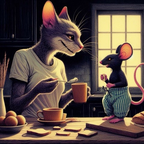 KI-Bild (DALL•E3):

Katz und Meeps beim sehr frühen Frühstück. Beide hibbeln schon der Walpurgisfeier entgegen! Was ziehn wir an? Wann fliegen wir los? Und wird Schafi das Fliegen auf dem Besen rechtzeitig lernen?
