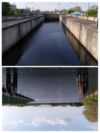 Collage of two photos:

The top photo of the collage shows the long view of the water-filled basin of Harburg's harbour lock towards the Elbe river as seen from the the middle of the northern lock gate.

The bottom photo of the collage looks at the opposite direction and is an upside down rotated view from said lock gate towards the north. Blue sky at the bottom, Elbe river and two mooring dolphins to the left and right in the top half.