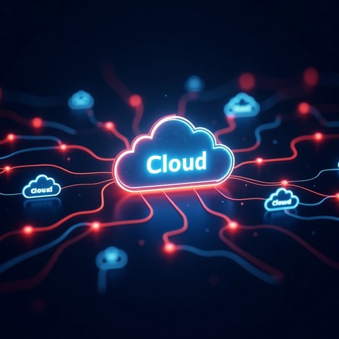 Eine Illustration mit einer Wolke auf dunklem Hintergrund in der auf blau-leuchtend weißem Text "Cloud" steht. Diese Wolke ist mit roten und blauen Linien zu jeweils kleineren Wolken verbunden.