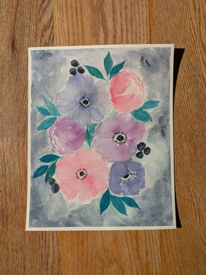 This is a watercolor painting of a grouping of loose florals. It is a portrait composition and consists of three open flowers, three side view flowers, leaves coming out from where two flowers meet, and  three groupings of berries.  The flowers are slightly off set from one another. Top left is an open bluish purple flowers with light and medium values with a dark center line an anemone. Top right is a pink peony at a side view. Middle left is a warm purple peony in a side view. Middle right is a warm purple fully open anemone. Bottom left is a pink anemone fully open. Bottom right is a side view cool purple anemone.  The background is sodalite genuine in a medium value. The leaves are varying values of green blue. The berries are indigo and placed as follows: above the top left anemone in a group of three berries, another group of three at the bottom right of the middle right anemone, finally there is a group of two berries at the bottom left of the bottom left anemone.