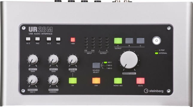 Image of a Steinberg UR28M USB audio interface featuring multiple controls and indicators. It includes knobs for input gain, headphones, and mix levels, along with buttons for various functions such as HI-Z, PAD, and phantom power. There are LED