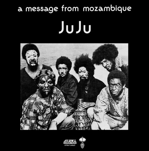 JuJu – A Message from Mozambique

Album cover, in black and white, with a photo of the 6 black musicians, with white designs over their faces, like masks