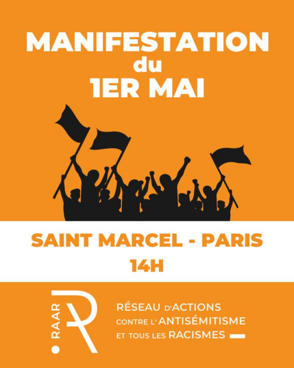 Sur fond orange, l'annonce de la manifestation du 1er mai à Paris