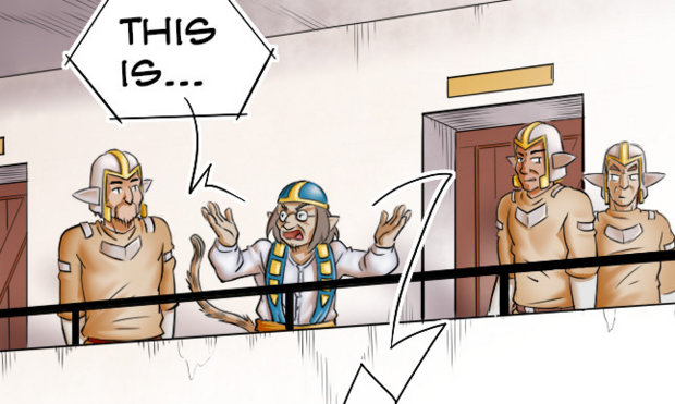 close up from my newest Webcomic page of Katran.
Gormé is outrageous that suddenly the comes are down and scolds his guards.