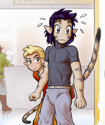 close up from my newest Webcomic page of Katran.
Reju realises that he screwed up and is in panic that Nirrod do something stupid. Riaud has no clue what's going on and keeps watching.