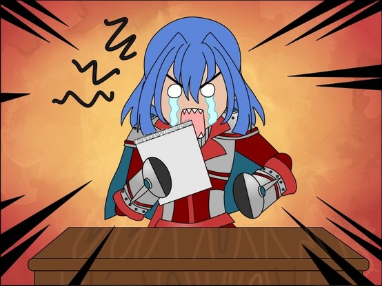 A chibi-style drawing of Valencia, standing in front of a podium. She looks extremely annoyed with tears of frustration trickling down her face. She is holding a spiral notebook in one hand and clenches her other fist, about to slam it down on the podium. She is wearing a red overcoat with gray pieces of armor that have red trim and blue jewels on them and her overcoat has a short blue cape.