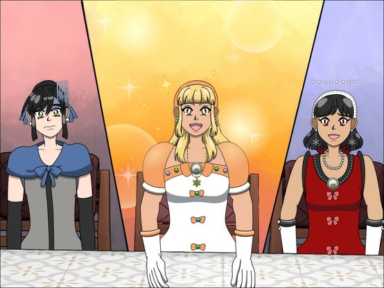 An illustration shows a split screen of three characters wearing gowns, and seated at a table but with different reactions to something. The chairs and table are 3D renders with line art applied to them but the characters are drawn with vectors. From left to right are Juna, Etta and Phuong. Juna looks mortified and the background behind her is a light red to gray gradient. Etta looks eager and the background behind her is pink, orange and yellow with yellow bubbles. Phuong looks like she is chuckling nervously. The background behind her has a light blue to gray gradient.
