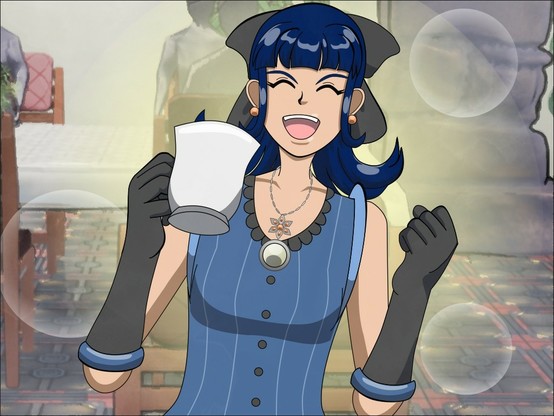 An illustration of Polyxena seated in a dining room, excitedly and enthusiastically holding a mug with a drink in it. She looks like she’s cheering something on.
